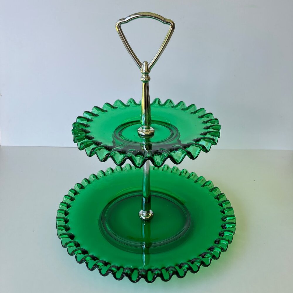 Fenton Emerald Green Glass Ruffled Two Tier Tidbit Serving Tray. #7296